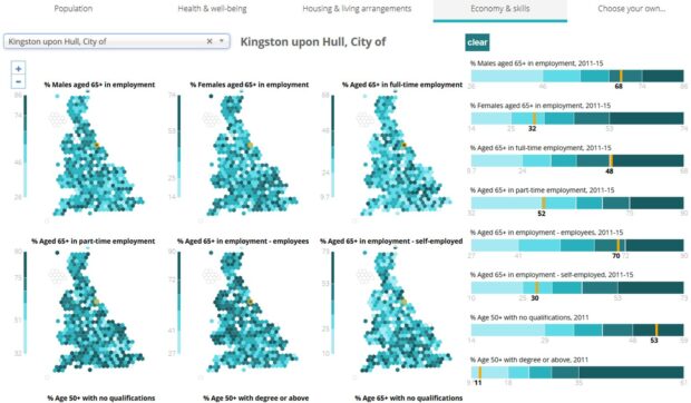 A screenshot that shows stylised maps and bar charts as a visual example of Foresight's new online mapping tool.