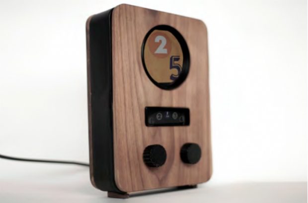 The image shows a Padio, a cuboid, wooden interface for tablet computers.