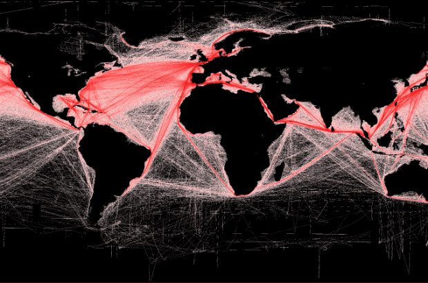 Shipping routes shown in red on a world map