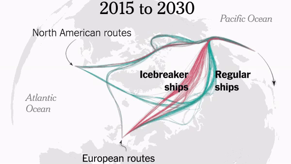 GIF showing projected Arctic shipping routes from 2015 to 2060