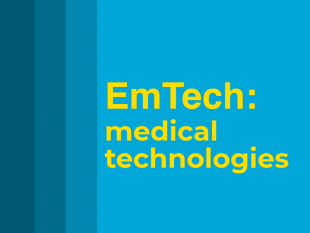 Text reading 'EmTech: medical technologies' on a blue background.