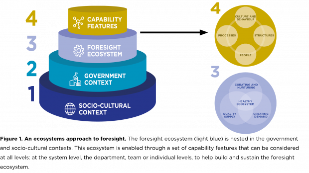 This diagram shows the ecosystem as comprising four nested layers (from largest to smallest: socio-cultural context, government context, foresight ecosystem and capability features). The capability features layer is expanded to show (1) culture and behaviour, (2) structures, (3) people and (4) processes.