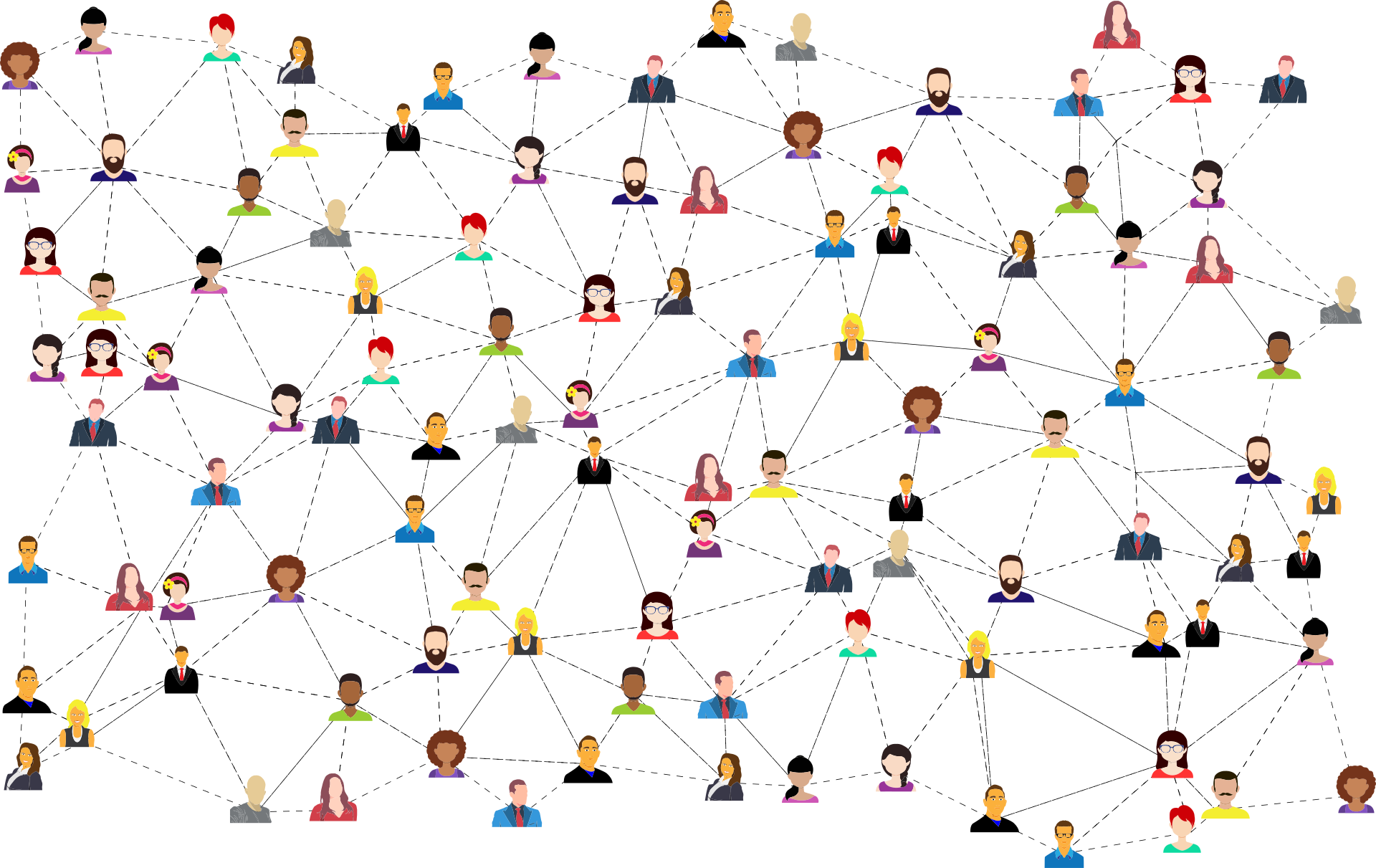 A diverse range of people connected by dotted and full lines to represent a network