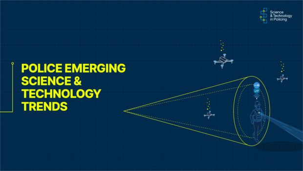 A digital graphic with a dark blue background and grid lines. On the left side, the title "POLICE EMERGING SCIENCE & TECHNOLOGY TRENDS" is displayed in bright yellow text. On the right, an illustrated police officer stands within a cone-shaped icon (to depict the cone of plausibility). The officer is surrounded by icons representing technology, such as drones and data symbols. In the top right corner, there's a logo reading "Science & Technology in Policing," featuring interconnected nodes as part of the design.