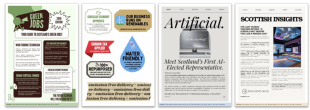 Examples of the materials young people used in the workshop to generate discussion. These show hypothetical future state artefacts including green job adverts, labels to promote sustainability, a blog about AI in teaching and a newspaper article about Scotland's last teacher.