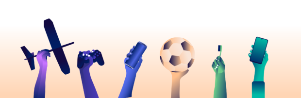 Image with 6 child/adolescent hands holding up different objects associated with childhood/adolescence (a toy plane, a gaming controller, a can, a football, a toothbrush, a mobile phone)